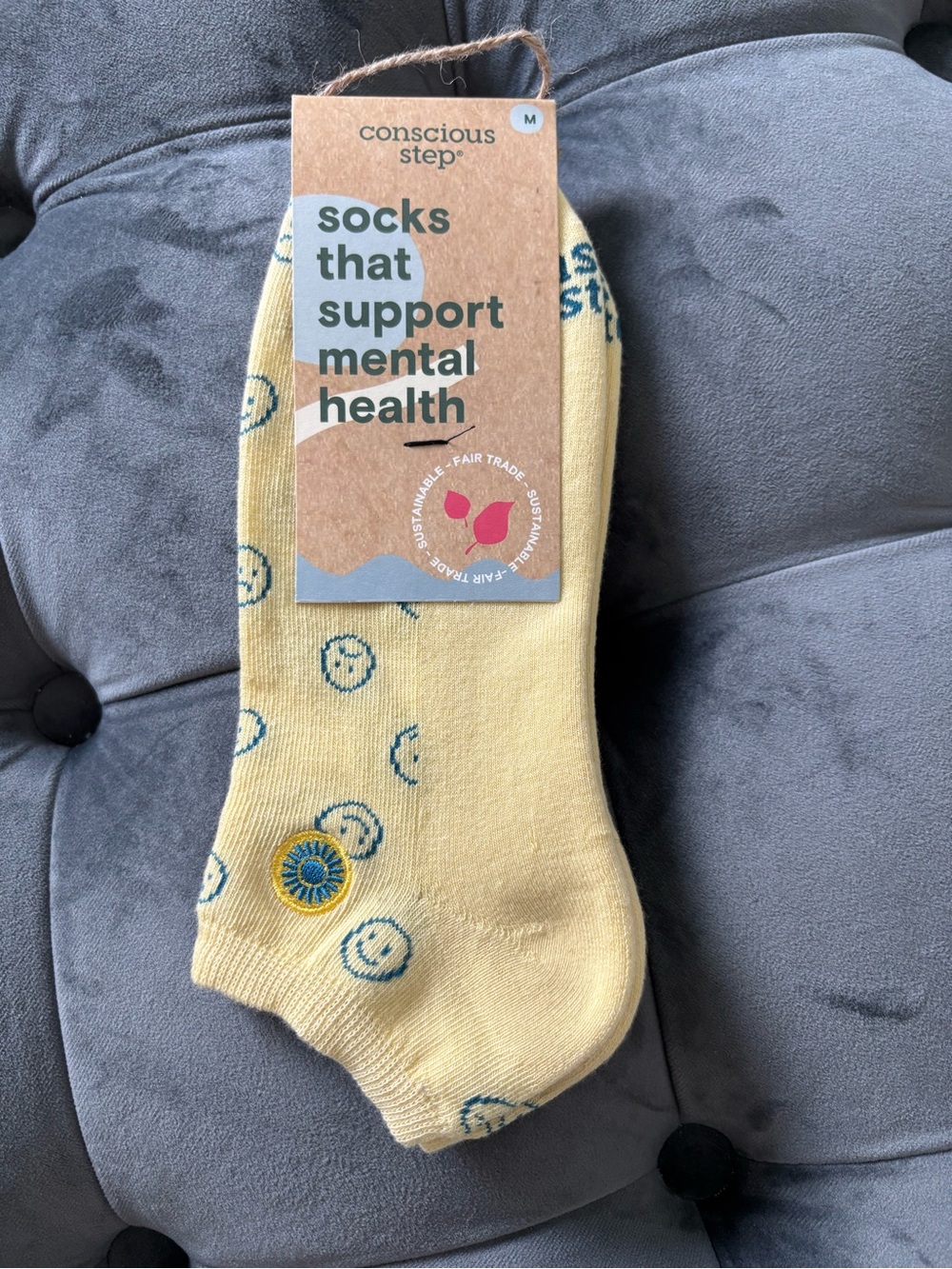 Conscious Step Women or Men’s Yellow Ankle Socks - Support Mental Health Medium